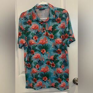 Yatta Golf Polo Shirt Sz M Pau Hana Teal Green Pink Tropical Flamingo Hibiscus